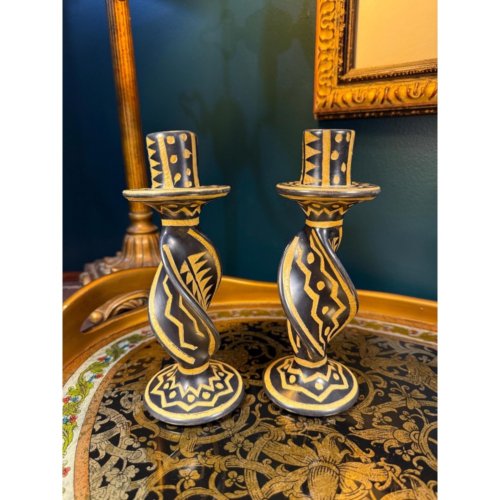 Mid-Century Black & Tan Stone Candle‎ Holders – 7" Twisted Pair